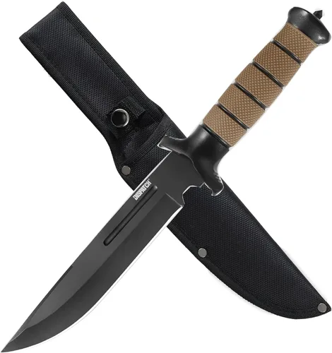 Dispatch Cuchillo de supervivencia de hoja fija con funda y rompecristales, cuchillos de bushcraft de 14 pulgadas con ABS duradero y mango de caucho