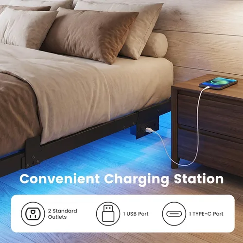 Miniatura 5 de Liians Marco de cama flotante moderno de tamaño completo con luces LED inteligentes, estación de carga USB, plataforma de metal resistente,
