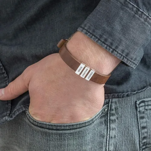 Miniatura 4 de MYKA - Pulsera de cuero marrón y negro para hombre con nombres, inscripción en cuentas de plata personalizadas, joyería personalizada para hombres