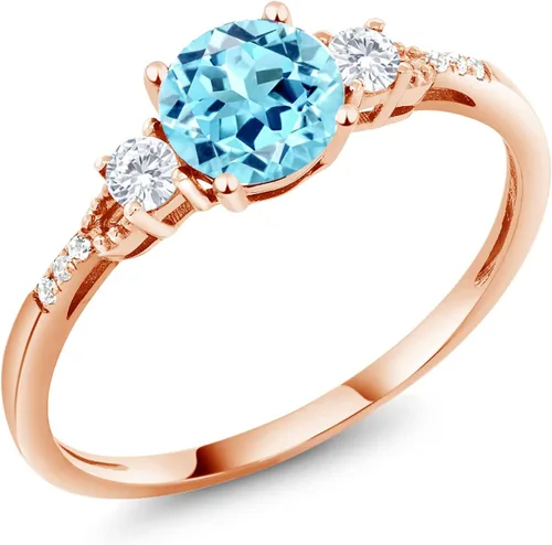 Miniatura 58 de Gem Stone King Anillo de compromiso de 3 piedras preciosas redondas de oro rosa de 10 quilates, 0.236 in, piedra natal, zafiro blanco y diamante
