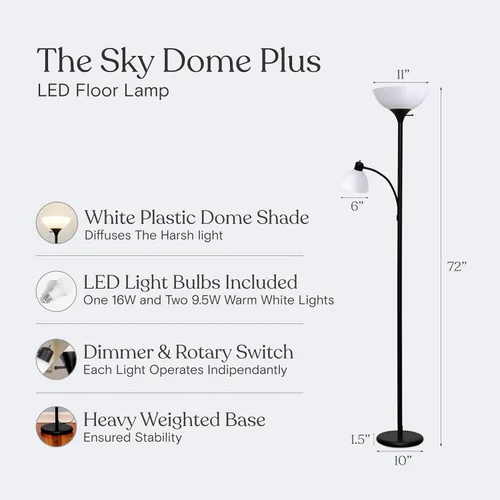 Miniatura 4 de Brightech Torchiere Lámpara de pie LED Sky Dome Plus, lámpara de pie súper brillante con lámpara de lectura para salas de estar y oficinas, lámpara