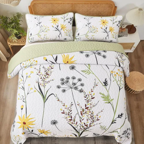 Miniatura 3 de Dobuyly Juego de edredón floral verde salvia, tamaño King, edredón de flores botánicas amarillas y blancas de 3 piezas, juego de colcha de primavera