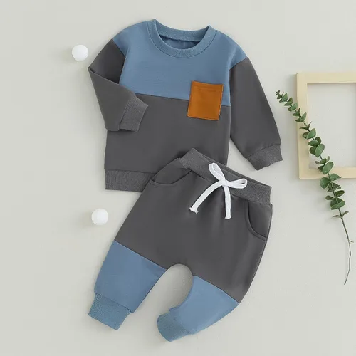 Miniatura 2 de Conjunto de camiseta de manga larga con cuello redondo a rayas y pantalones sólidos con cordón ajustable