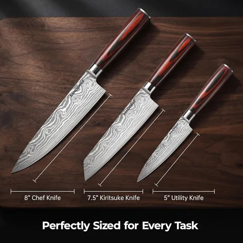 Miniatura 3 de Juego de cuchillos de cocina de 3 piezas, cuchillos afilados de acero inoxidable de alto carbono con vainas, chef de 8 pulgadas, Kiritsuke de 7.5
