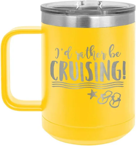I'D RATHER BE CRUISING Amarillo Taza de café de 15 oz con tapa deslizante | Taza de café de viaje con aislamiento | Ideas de regalos de cumpleaños o