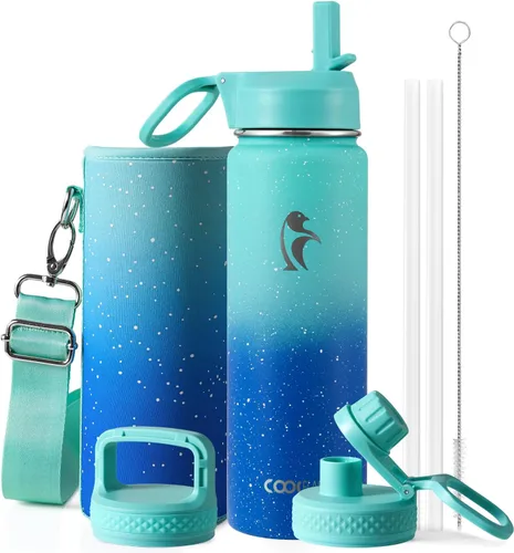 Miniatura 109 de Coolflask Botella de agua de 20 onzas aislada con pajilla, 3 tapas de metal de acero inoxidable, botella de agua de boca ancha para deportes u