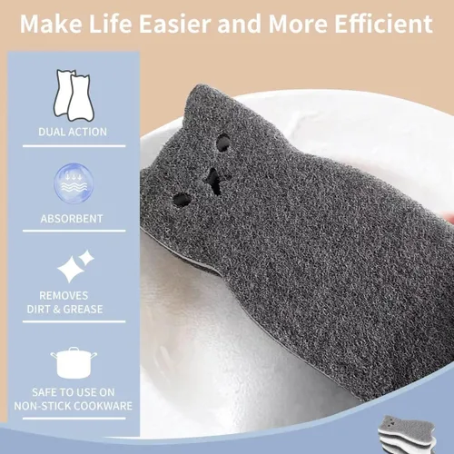 Miniatura 5 de Esponjas de cocina reutilizables, esponja de plato con forma de gato para lavar platos, esponjas antiarañazos para lavar platos, esponja