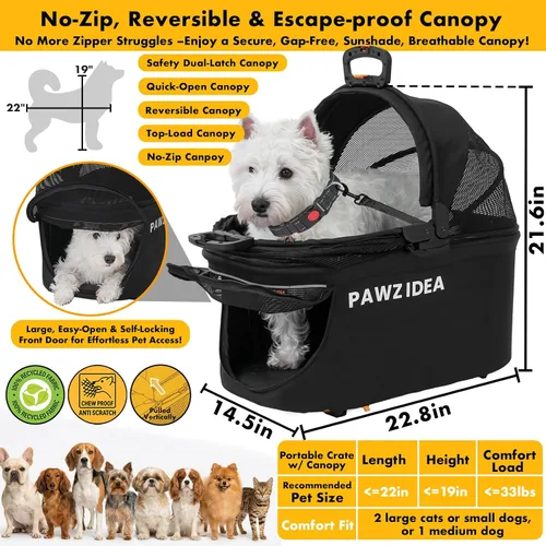 Miniatura 4 de PAWZIDEA Carriola de mascotas 4 en 1, Carriola de gatos con portaequipaje desmontable y dosel sin cremallera, jaula portátil para perros
