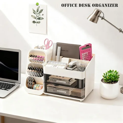 Miniatura 7 de Organizador de maquillaje con soporte para brochas para tocador, espaciosa vitrina de cosméticos con 2 cajones, el organizador de tocador de baño