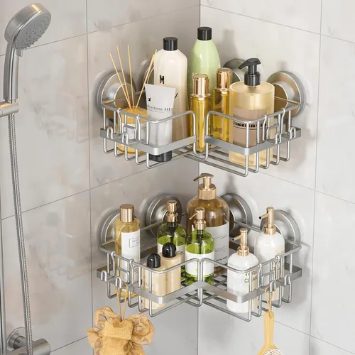 Miniatura 10 de LEVERLOC Organizador de ducha con ventosa adaptable a la esquina, paquete de 2 unidades, estante de ducha esquinero de acero inoxidable a prueba