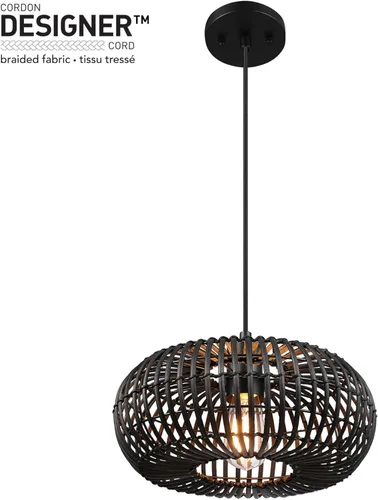 Miniatura 7 de Globe Electric 65701 Maren - Lámpara colgante de 1 luz, negro mate, pantalla de ratán, bombilla no incluida