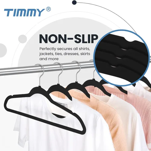 Miniatura 5 de TIMMY Perchas de terciopelo de alta calidad – Perchas negras resistentes antideslizantes que ahorran espacio para abrigos, trajes y suéteres