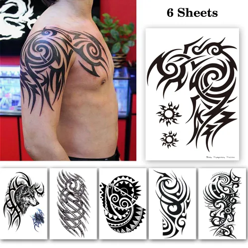 Miniatura 2 de Tatuajes temporales grandes negros, calcomanía de tatuaje de tótem tribal grande para hombres y mujeres, maquillaje de arte corporal, tatuaje falso