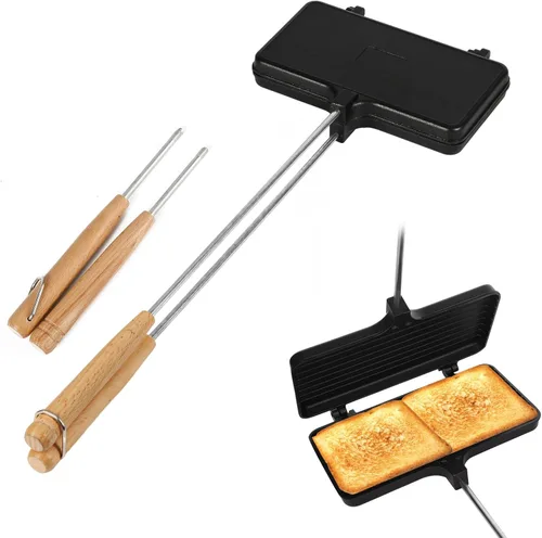 PEUTIER Hierros de doble pastel, planchas antiadherentes para acampar de hierro fundido con 4 asas extraíbles, portátil, para hacer sándwiches de
