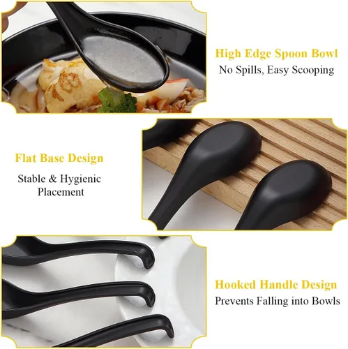 Miniatura 7 de Kyraton Juego de 24 cucharas de sopa asiática con mango largo fácil de sostener, cuchara japonesa de plástico irrompible para ramen, wonton chino