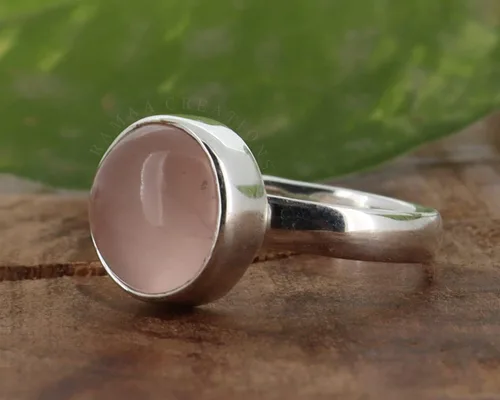 Miniatura 5 de Anillo de plata de cuarzo rosa Anillo de cuarzo rosa redondo natural Plata de ley 925 Joyería hecha a mano