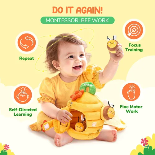 Miniatura 6 de JoyCat Juguetes para bebés de 6 meses, colmena de flores con 5 abejas sensoriales de peluche, crujiente, sonajero, espejo, juguetes Montessori