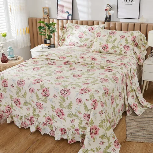 Miniatura 2 de ABREEZE Juego de sábanas con estampado floral beige, juego de ropa de cama bohemio, juego de ropa de cama de lujo de 4 piezas, medallón de damasco