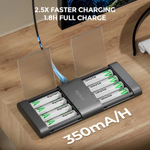 Miniatura 4 de imuto Baterías recargables AA con cargador, baterías de litio AA de 2000 mAh, paquete de 8, cargador de baterías de litio AA delgado de 8 ranuras