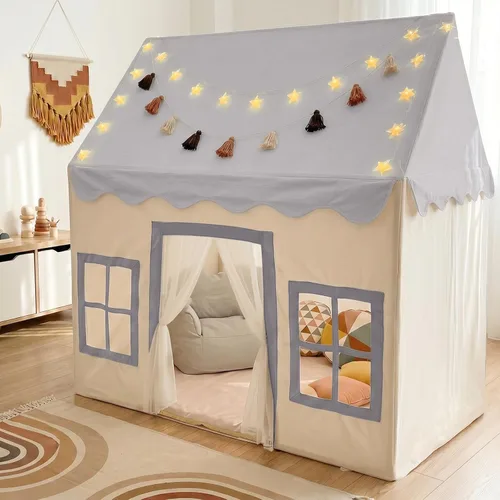Miniatura 13 de Little Dove Tienda de campaña para niños con alfombra, luces de estrella, guirnalda de borlas, casa de juegos para niños con ventanas fáciles