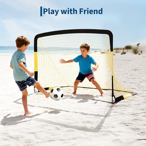 Miniatura 7 de Paquete de 2 porterías de fútbol de 6 x 4 pies, juego de porterías de fútbol para niños, red de fútbol portátil desplegable con pelota de fútbol