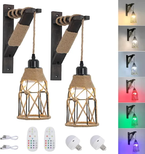 Miniatura 11 de Juego de 2 apliques de pared enchufables, lámparas colgantes de estilo rústico que se enchufan a la toma de pared, aplique de jaula de metal rústico