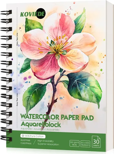 Miniatura 12 de KOVIEDE Bloc de papel de acuarela 100% algodón, 30 hojas de 7 x 10 pulgadas, encuadernado en espiral, 140 libras/10.58 oz/m², cuaderno de bocetos