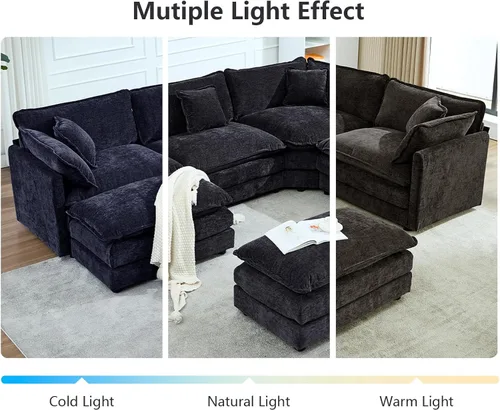 Miniatura 8 de Sofá seccional modular en forma de U, sofá esquinero de chenilla de gran tamaño, cómodo sofá nube con otomana chaise, sofás seccionales modernos