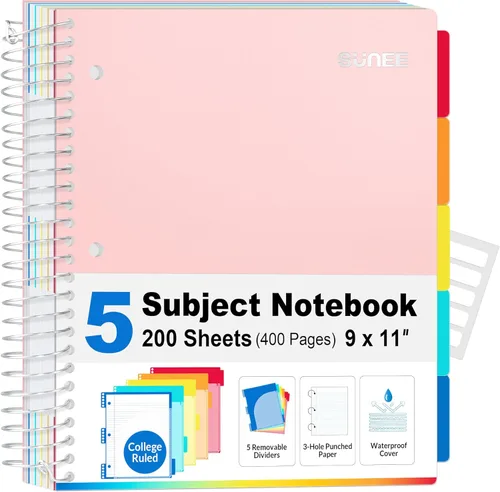 SUNEE Cuaderno de 5 materias con rayas universitarias, 400 páginas, 9 x 11 pulgadas, 5 divisores de colores de bolsillo, papel perforado de 3
