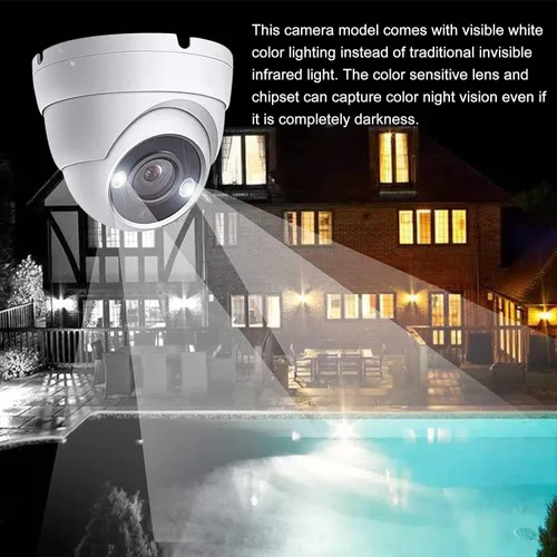 Real HD 5MP Cámara de seguridad con visión nocturna a todo color, domo TVI, CCTV, con luces LED blancas visibles, visión nocturna de 65 pies, ángulo