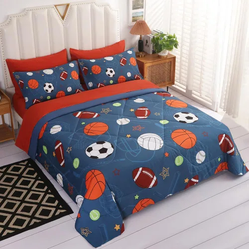 Miniatura 4 de Juego de ropa de cama de baloncesto 3D tamaño matrimonial, juego de edredón de fútbol para niños y niños, juego de edredón de fútbol de 7 piezas
