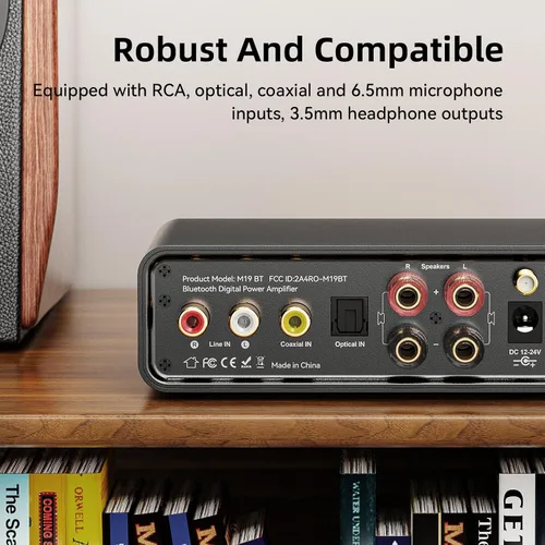 Miniatura 6 de M19 BT Amplificador Receptor Estéreo, Bluetooth 5.3 Mini Amplificador 2 Canales 100W x2 Amplificador HiFi Clase D con RCA/Óptica/Coaxial/Mic Entrada