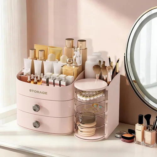 Miniatura 9 de XIAPIA Organizador de maquillaje para encimera, organizador de maquillaje para tocador, cuidado de la piel y organizadores de cosméticos con Rosa