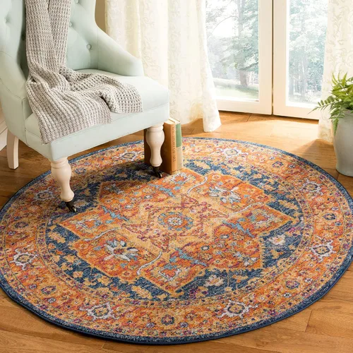 SAFAVIEH Evoke Collection Alfombra - 5'3" Redonda, Azul & Naranja, Diseño Oriental Envejecido y Medallón, No Desprende Pelusa y Fácil Cuidado, Ideal