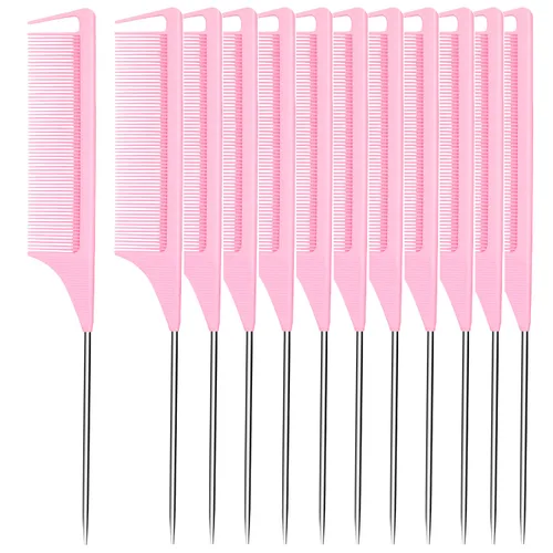 Miniatura 6 de Peines de cola de rata, 3 unidades, peines de separación para trenzar el cabello, fibra de carbono, resistente al calor, antiestático, para Rosado
