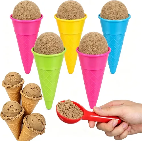 Toyvian Juego de 6 cucharas de cono de helado para niños, juguetes de playa de plástico, conos de helado de arena y cuchara, juego al aire libre,