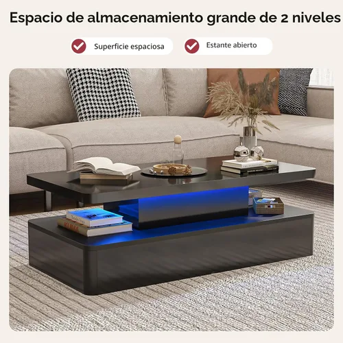 Miniatura 5 de oneinmil Mesa de centro LED moderna, mesas de sala de estar de 40 pulgadas con luces LED de 16 colores, diseño de doble capa, elegantes mesas
