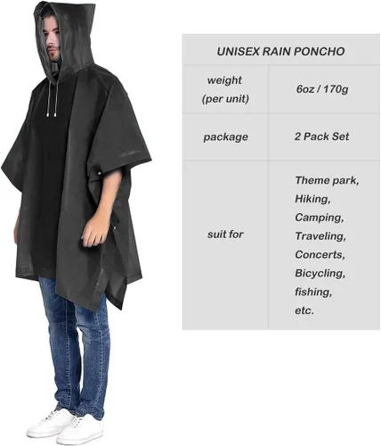 Miniatura 13 de ANTVEE Ponchos de lluvia para adultos, impermeable, portátil, reutilizable, paquete de 2 con capucha con cordón, se mantiene seco