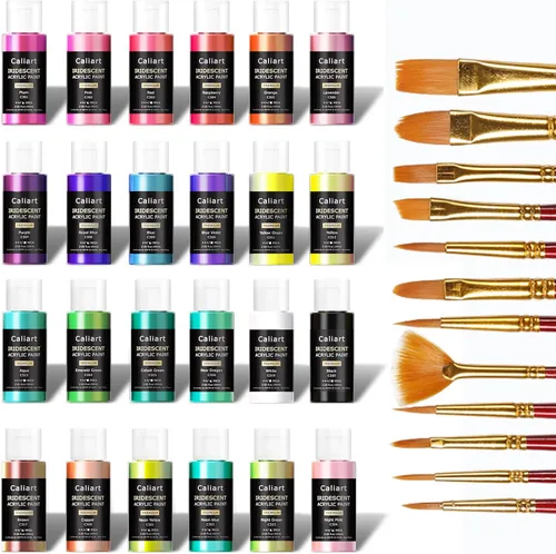 Miniatura 7 de Caliart Pintura acrílica iridiscente, 24 colores camaleones en botellas de 2.0 fl oz/2 onzas con 12 pinceles, pinturas de arte que cambian