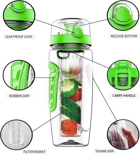 Miniatura 5 de Botella de agua con infusor de frutas de 32 onzas: Infusión de agua saborizada y té para hidratación, recipiente deportivo con batido de proteínas