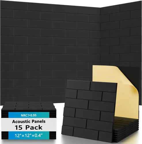 Paquete de 15 paneles acústicos de 12 x 12 x 0.4 pulgadas, paneles autoadhesivos de absorción de sonido para paredes, espuma de reducción de ruido