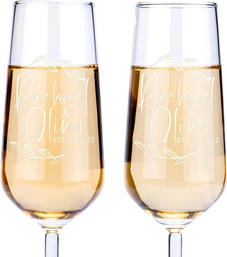 Copas de champán de boda personalizadas, florales, copas de brindis para novia y novio, registro por nombre de novia, regalo