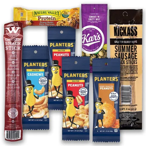 Aperitivos altos en proteínas para adultos y niños - Paquete surtido de 8 piezas - 84 gramos de proteína - Sin gluten - Frutos secos, palitos de