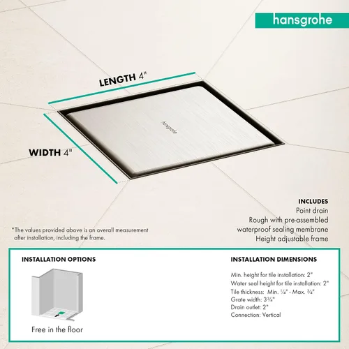 Miniatura 4 de hansgrohe RainDrain Brilliance - Juego de drenaje de ducha cuadrado con cubierta trasera áspera y baldosa en acero inoxidable cepillado, drenaje