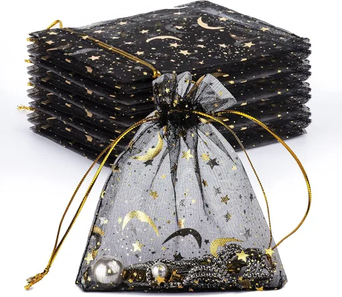 GoClimber 100 bolsas de organza con estampado de estrellas y luna de 4.0 x 4.7 pulgadas, bolsa de organza con diseño de luna negra y estrellas para