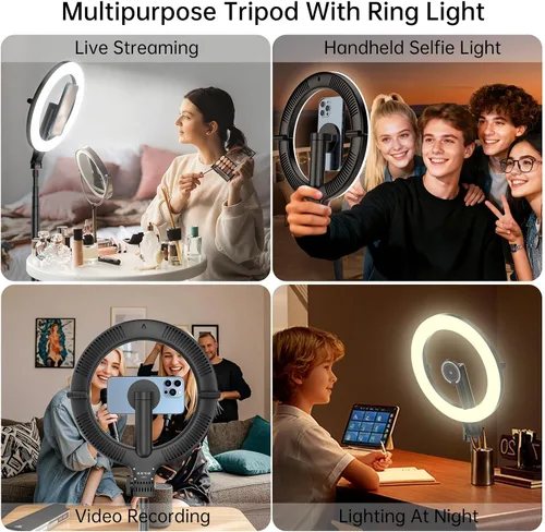 Miniatura 8 de Anillo de luz magnético de 10.2 pulgadas con trípode de 64 pulgadas para iPhone Mag Safe, anillo de luz recargable de 5000 mAh con soporte, trípode
