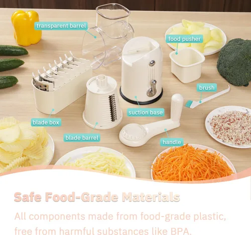 Miniatura 6 de ENERGEVITY Rallador de queso giratorio manual con asa, triturador de queso de cuchillas inoxidables reemplazables 5 en 1, base de succión fuerte