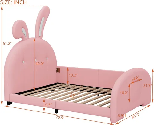 Miniatura 2 de Cama de princesa tapizada en forma de conejo de tamaño individual, moderna y bonita cama de plataforma de piel sintética con cabecero y estribo