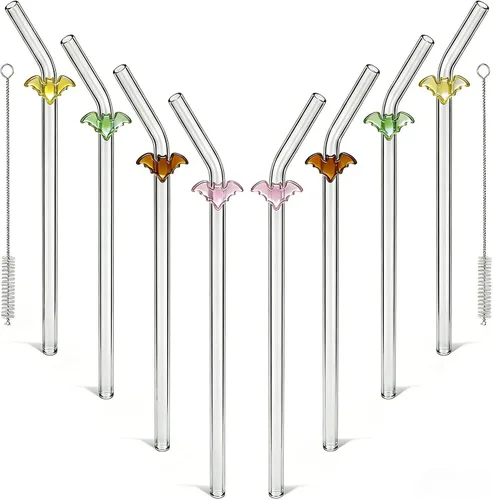 Pajitas de cristal hechas a mano con dije de murciélago – Pajitas de borosilicato dobladas reutilizables de 9 pulgadas para vasos de 16 oz/20 onzas,