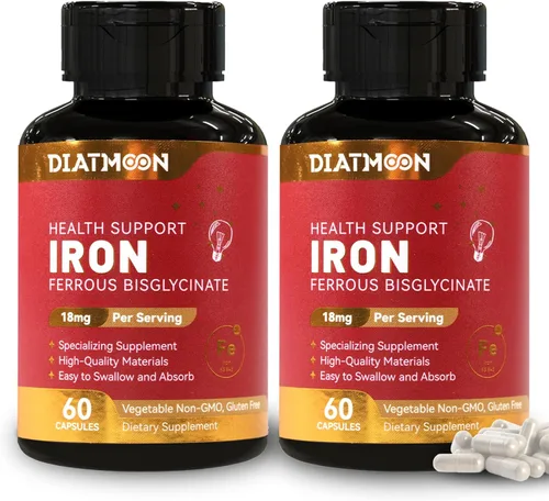 Paquete de 2 suplementos de hierro para mujeres y hombres, cápsulas de bisglicinato de hierro altamente absorbentes para adultos, veganas, sin OMG,